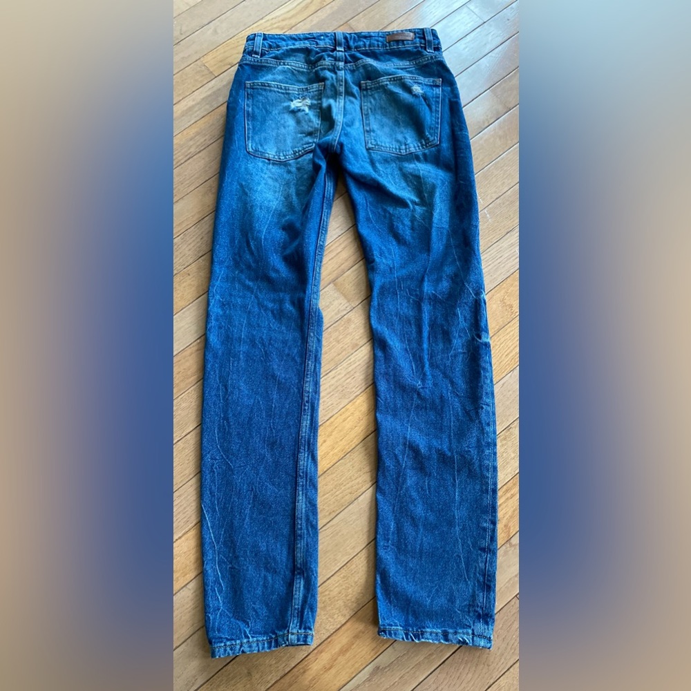 Euc Zara Basic Denim Red Button Distressed Jeans - image 4